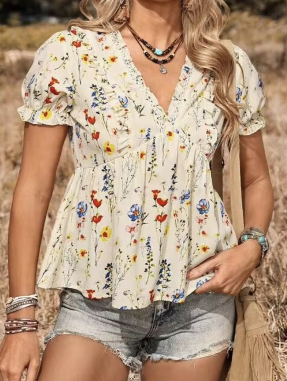 LanaWest By Shein Women's Boho Ditsy Floral V-Neck - Size XL